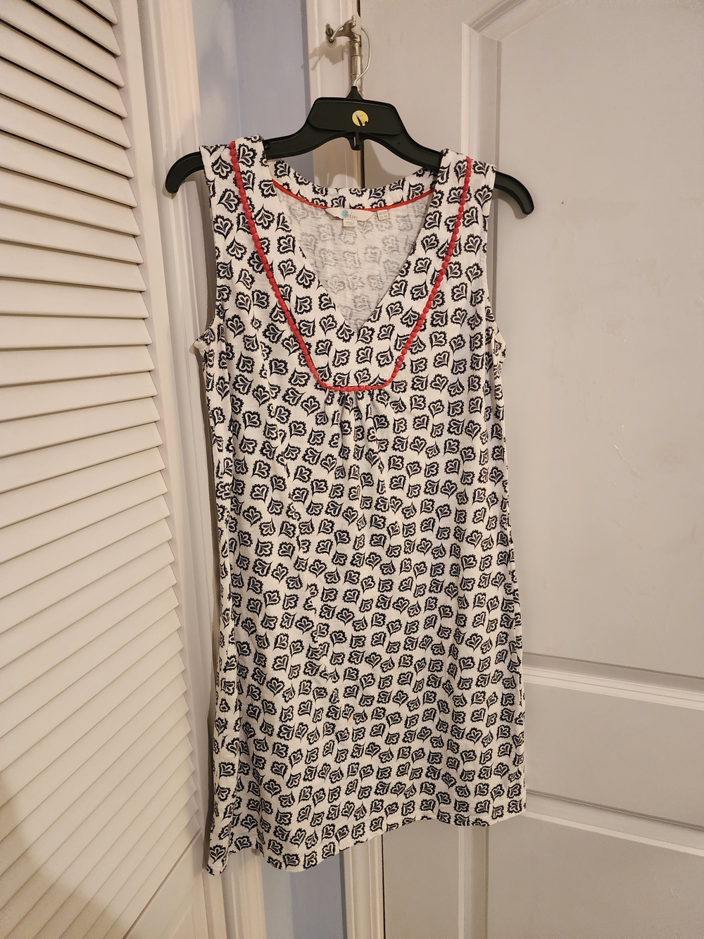 Boden Sleeveless White Dress with Black Geometric Print and Red Trim